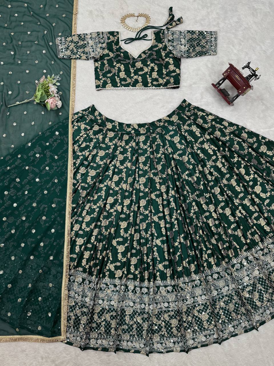 Wedding Wear Green Color Premium Jacquard Beautiful Thread Embroidery With Sequins Work Lehenga Choli