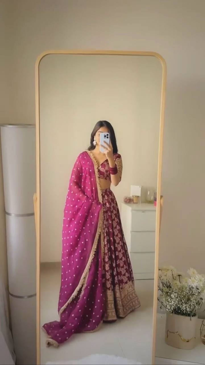 Party Wear Wine Color Premium Jacquard Beautiful Thread Embroidery With Sequins Work Lehenga Choli