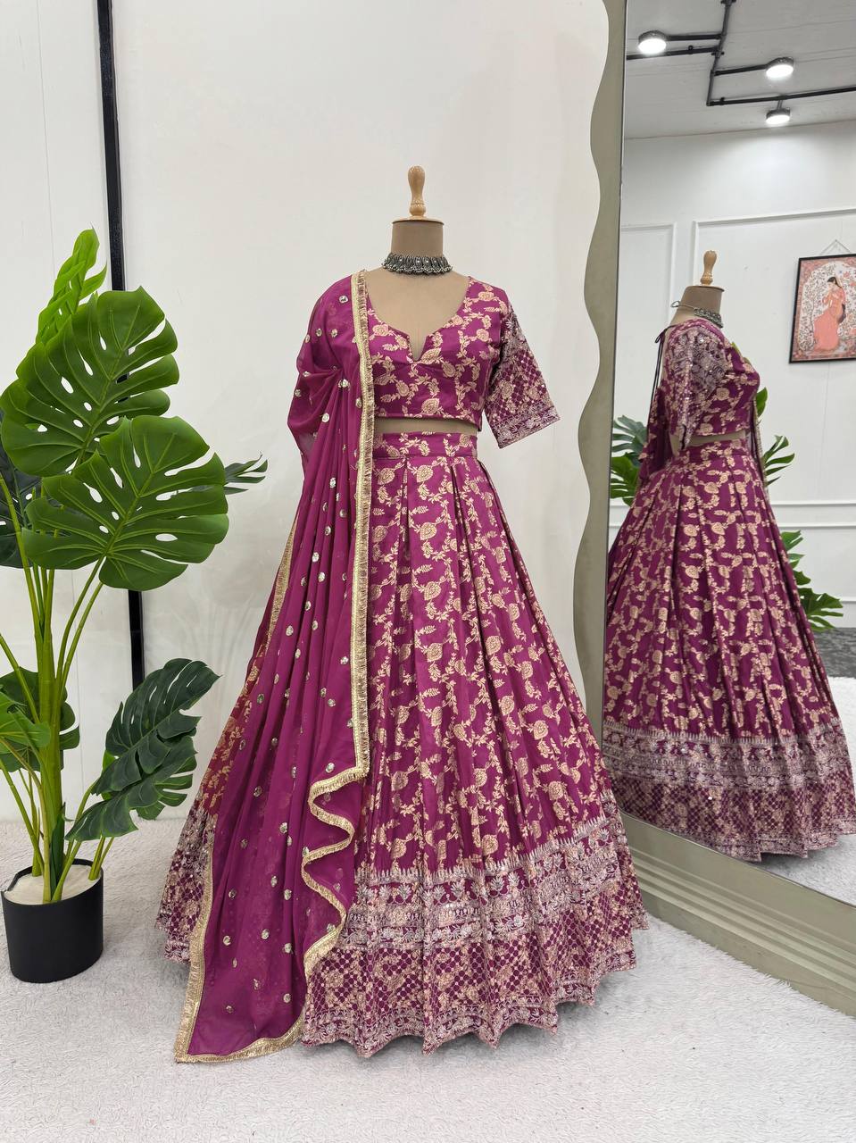 Party Wear Wine Color Premium Jacquard Beautiful Thread Embroidery With Sequins Work Lehenga Choli