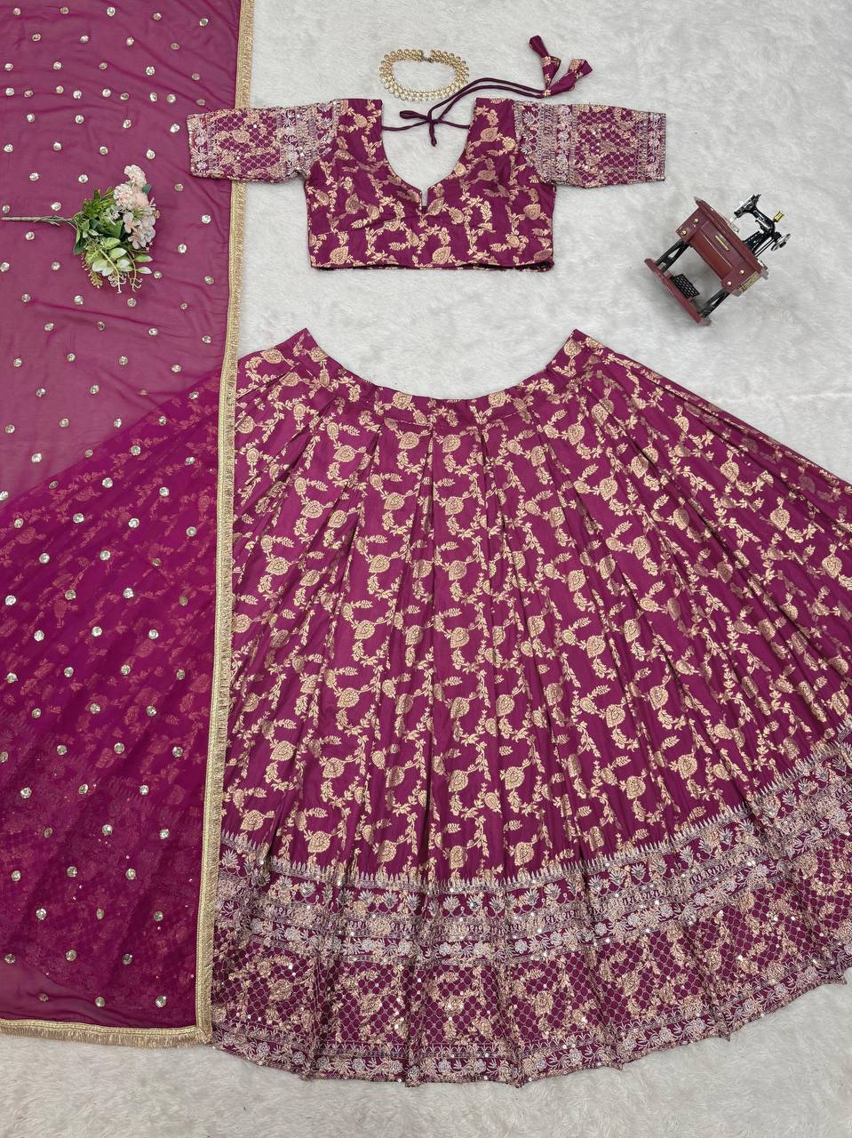 Party Wear Wine Color Premium Jacquard Beautiful Thread Embroidery With Sequins Work Lehenga Choli