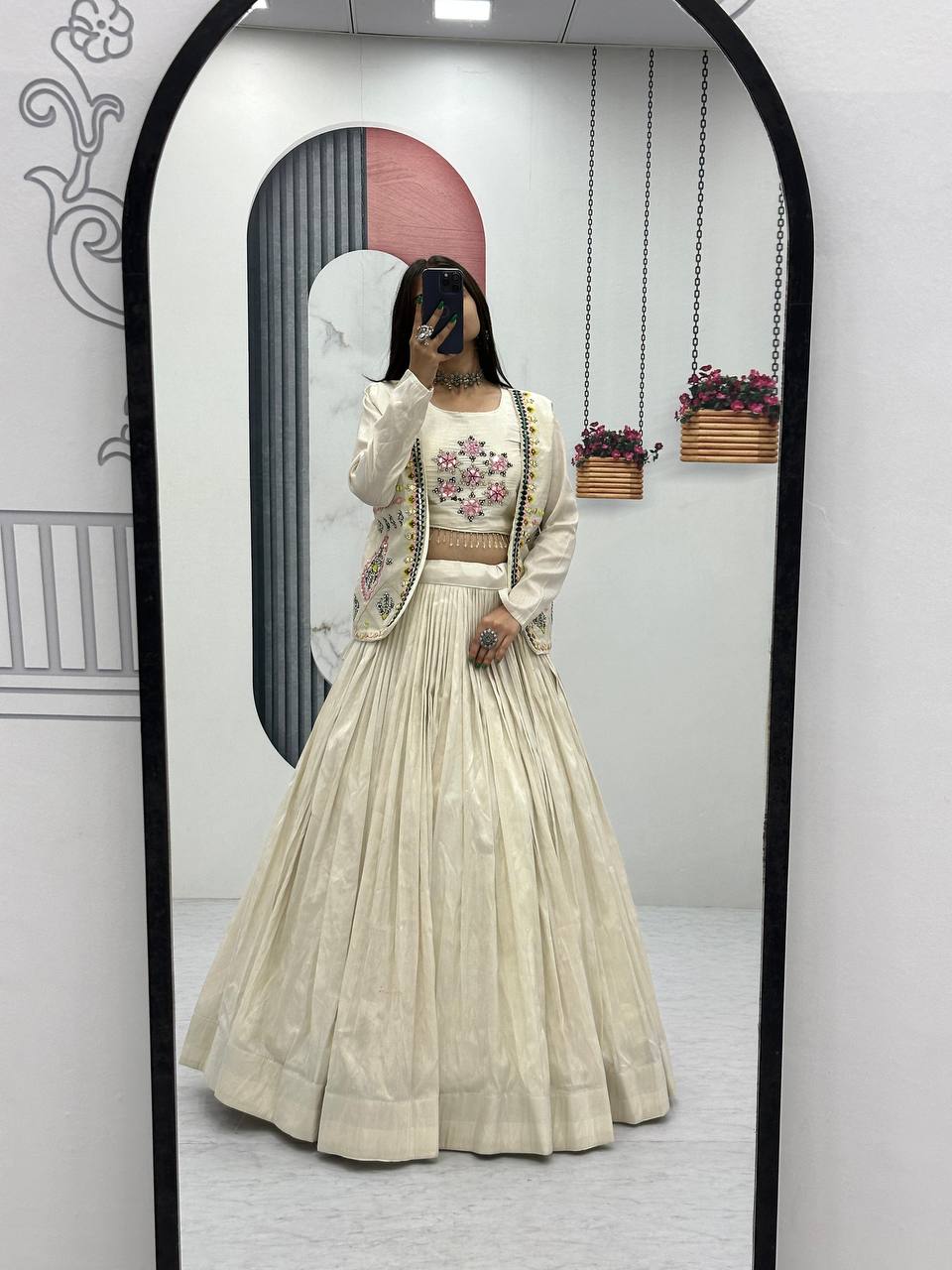 Sangeet Wear Off White Pure Tissue Shimmer Real Handwork With Read Diamond Work Traditional Lehenga Choli
