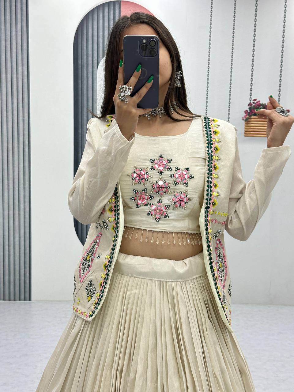 Sangeet Wear Off White Pure Tissue Shimmer Real Handwork With Read Diamond Work Traditional Lehenga Choli