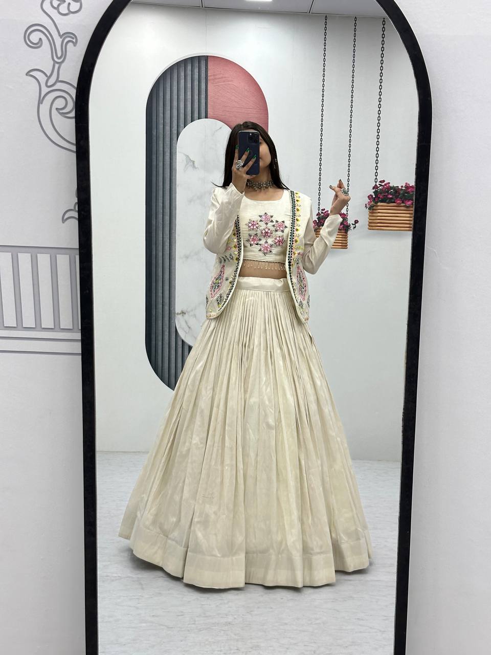 Sangeet Wear Off White Pure Tissue Shimmer Real Handwork With Read Diamond Work Traditional Lehenga Choli