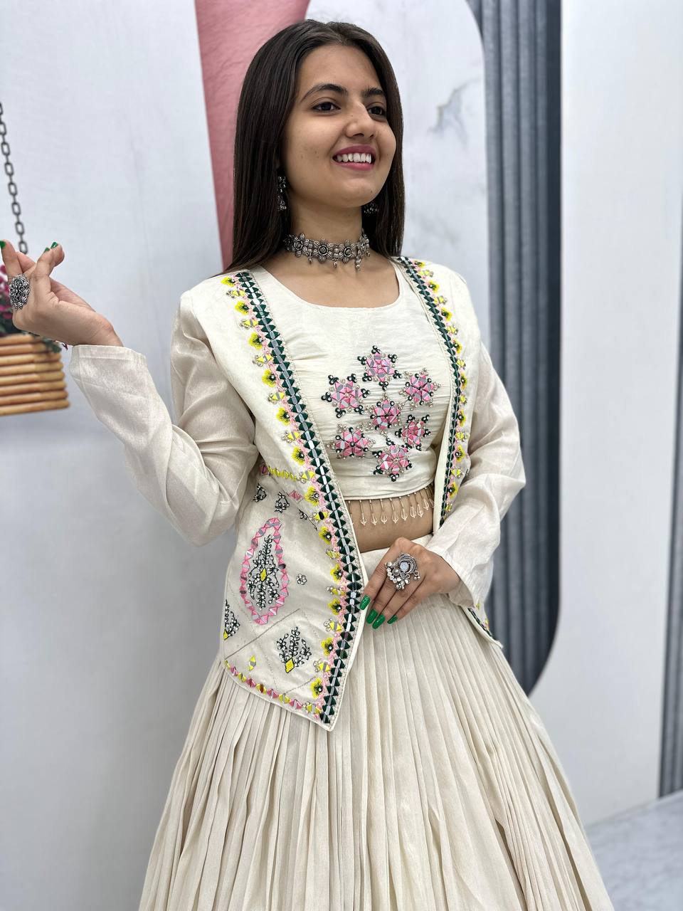 Sangeet Wear Off White Pure Tissue Shimmer Real Handwork With Read Diamond Work Traditional Lehenga Choli