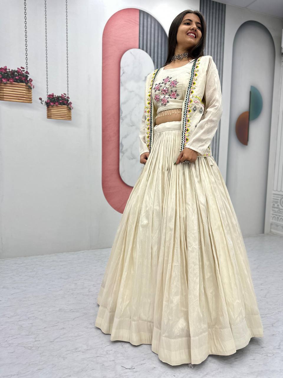 Sangeet Wear Off White Pure Tissue Shimmer Real Handwork With Read Diamond Work Traditional Lehenga Choli