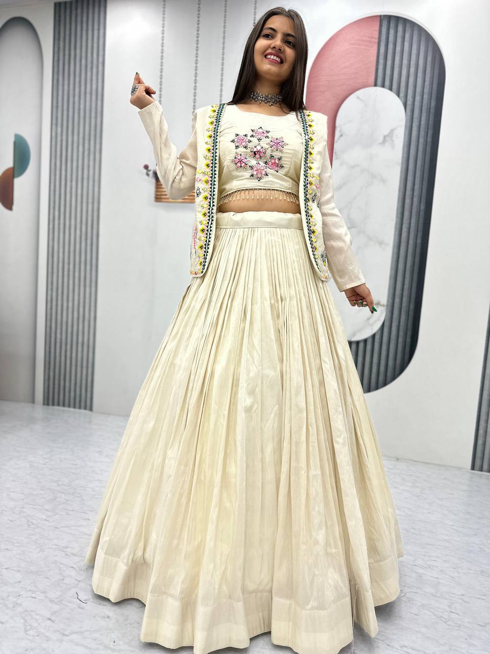 Sangeet Wear Off White Pure Tissue Shimmer Real Handwork With Read Diamond Work Traditional Lehenga Choli