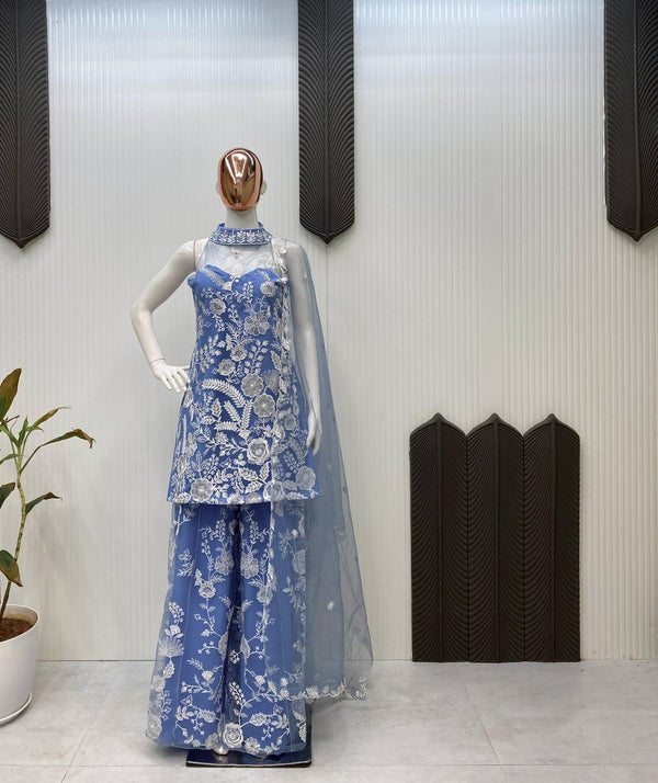 Wedding Wear Sky Blue Color Butterfly Net Sequence Embroidery Work Palazzo Suit