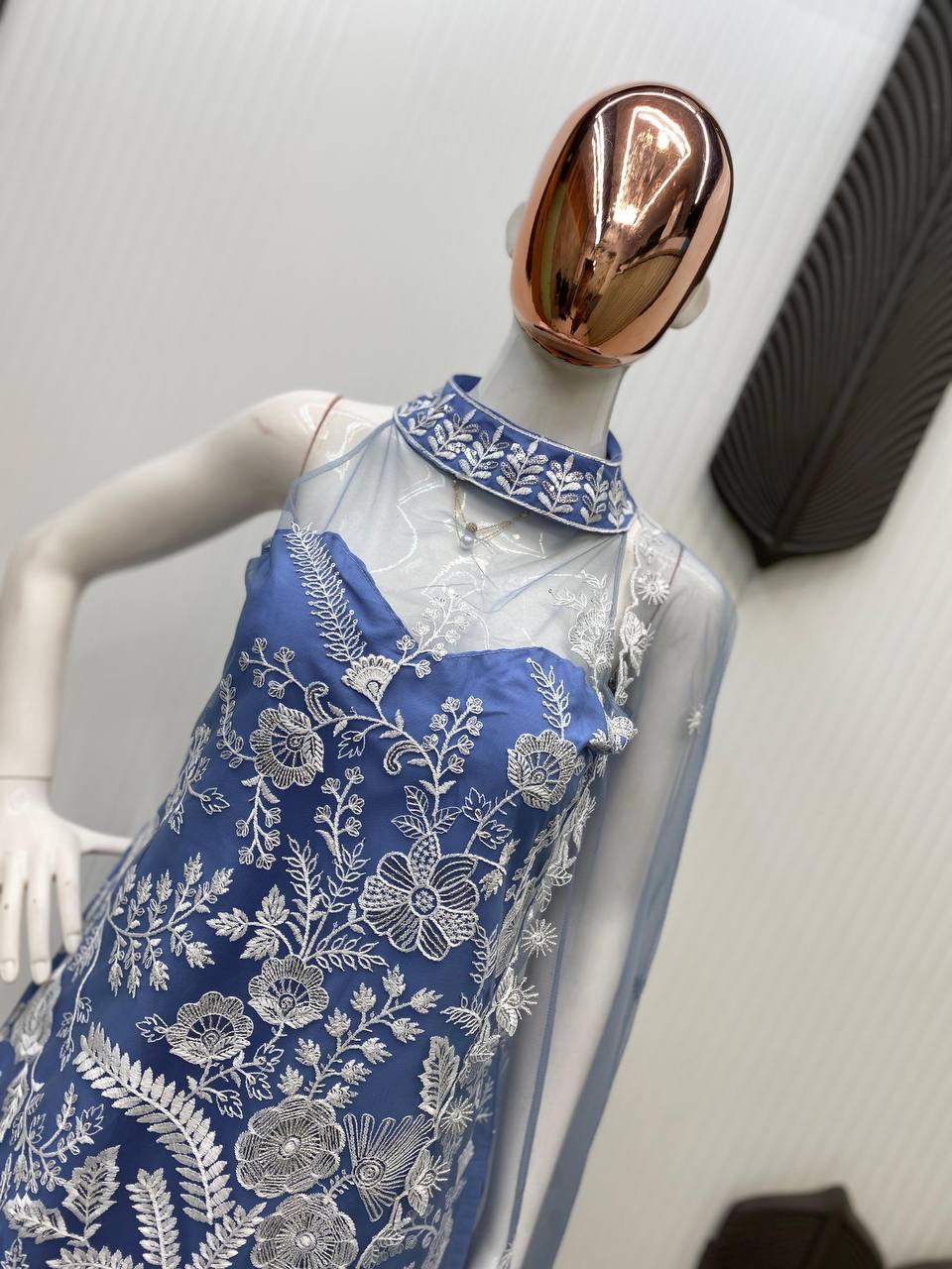 Wedding Wear Sky Blue Color Butterfly Net Sequence Embroidery Work Palazzo Suit