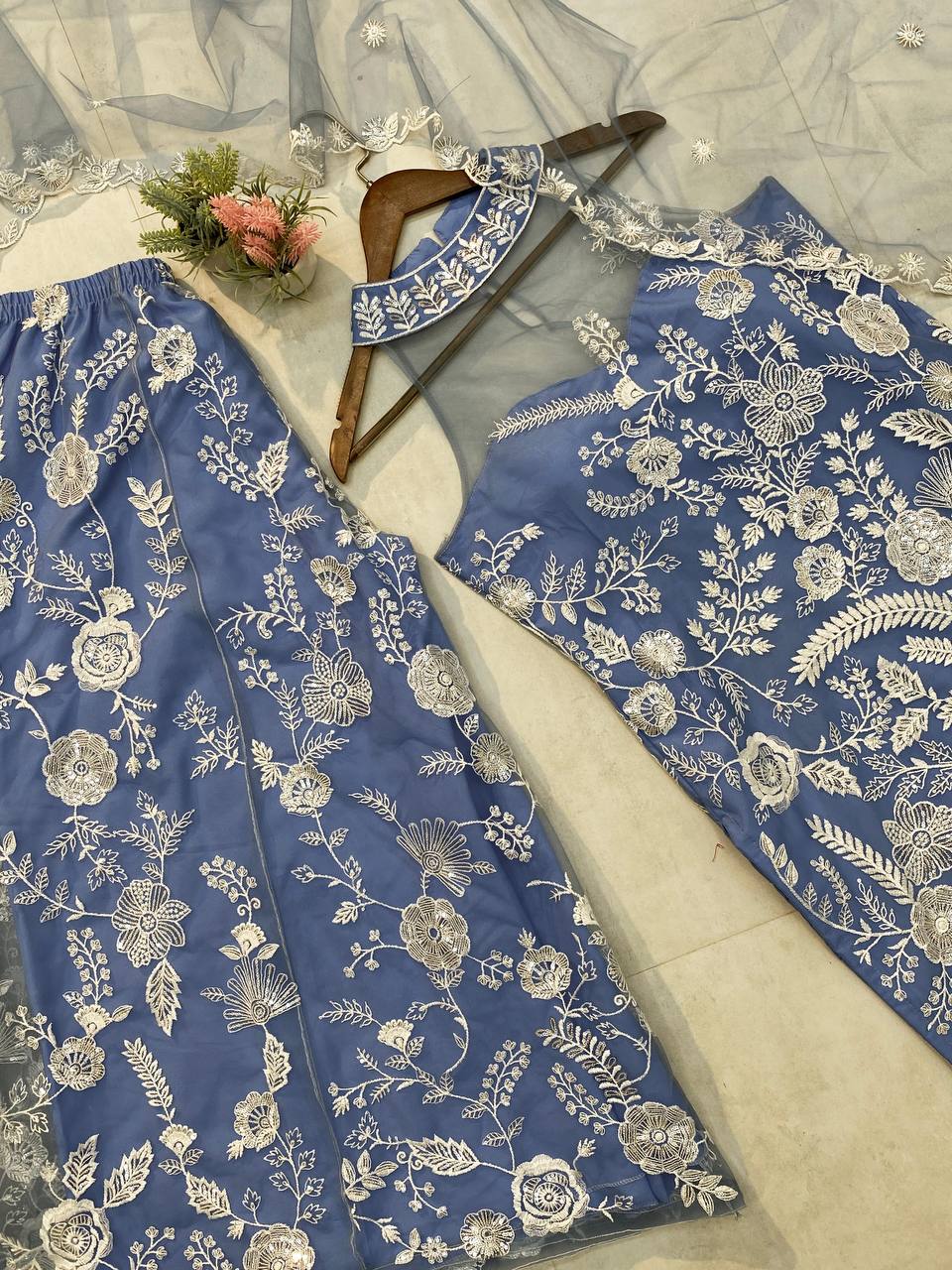 Wedding Wear Sky Blue Color Butterfly Net Sequence Embroidery Work Palazzo Suit