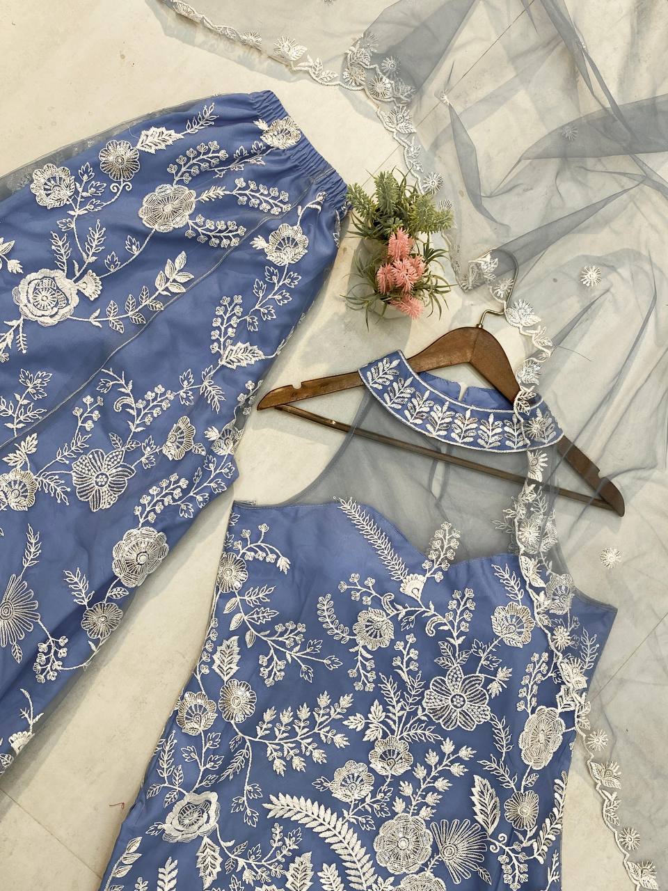 Wedding Wear Sky Blue Color Butterfly Net Sequence Embroidery Work Palazzo Suit