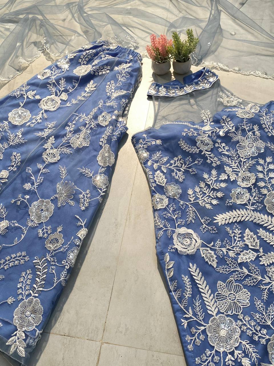 Wedding Wear Sky Blue Color Butterfly Net Sequence Embroidery Work Palazzo Suit