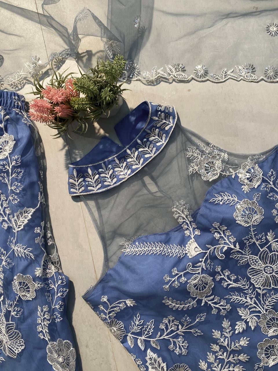 Wedding Wear Sky Blue Color Butterfly Net Sequence Embroidery Work Palazzo Suit