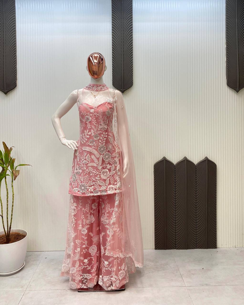 Wedding Wear Peach Color Butterfly Net Sequence Embroidery Work Palazzo Suit
