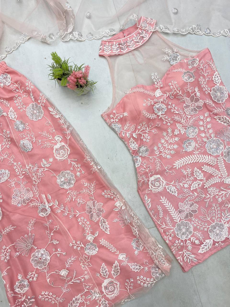 Wedding Wear Peach Color Butterfly Net Sequence Embroidery Work Palazzo Suit
