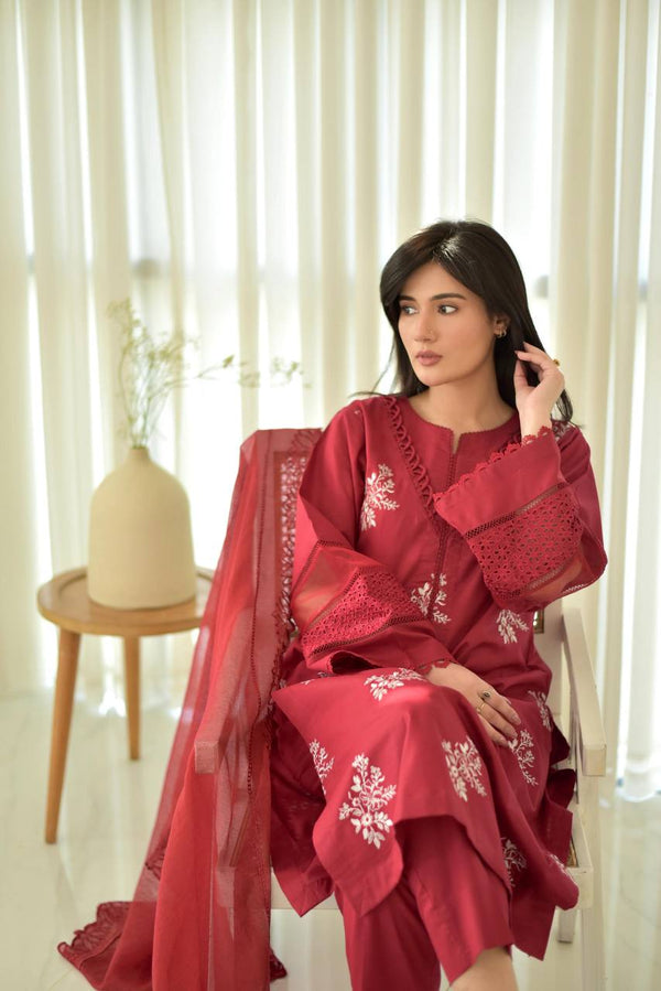 Festive Wear Red Color Roman Silk With Embroidery Work Salwar Suit
