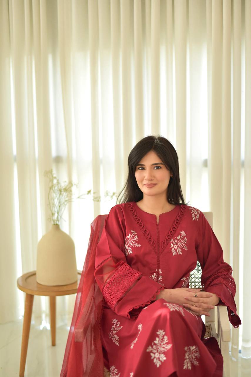 Festive Wear Red Color Roman Silk With Embroidery Work Salwar Suit