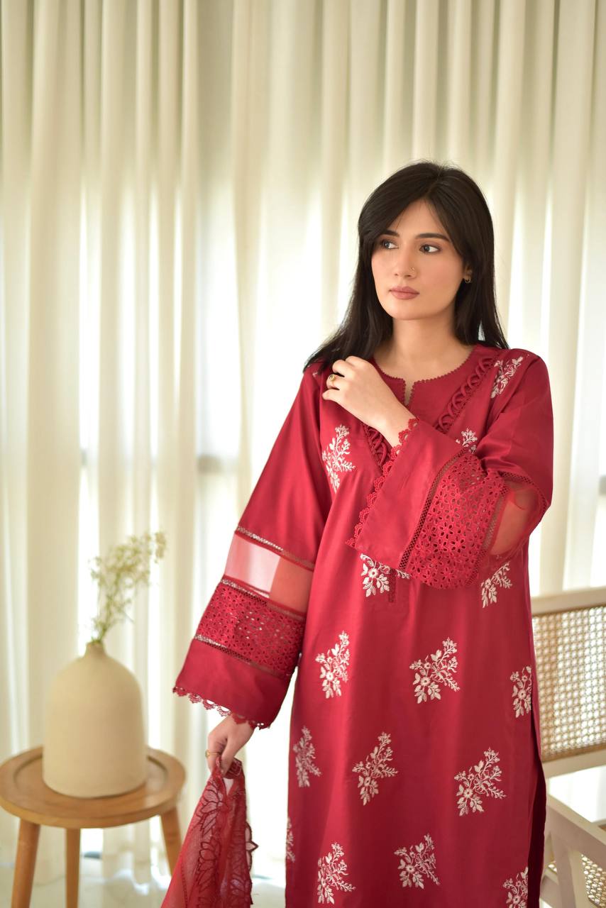 Festive Wear Red Color Roman Silk With Embroidery Work Salwar Suit