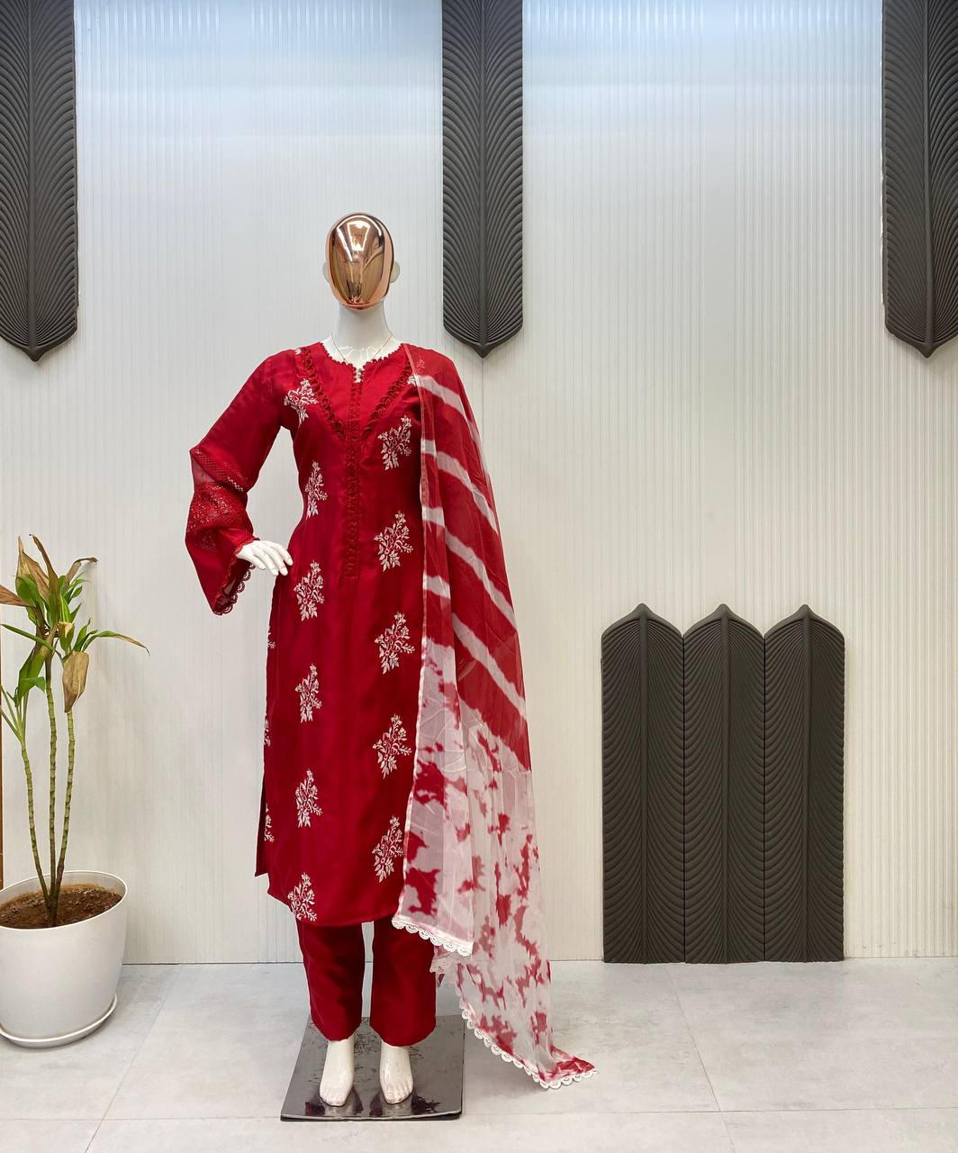 Festive Wear Red Color Roman Silk With Embroidery Work Salwar Suit
