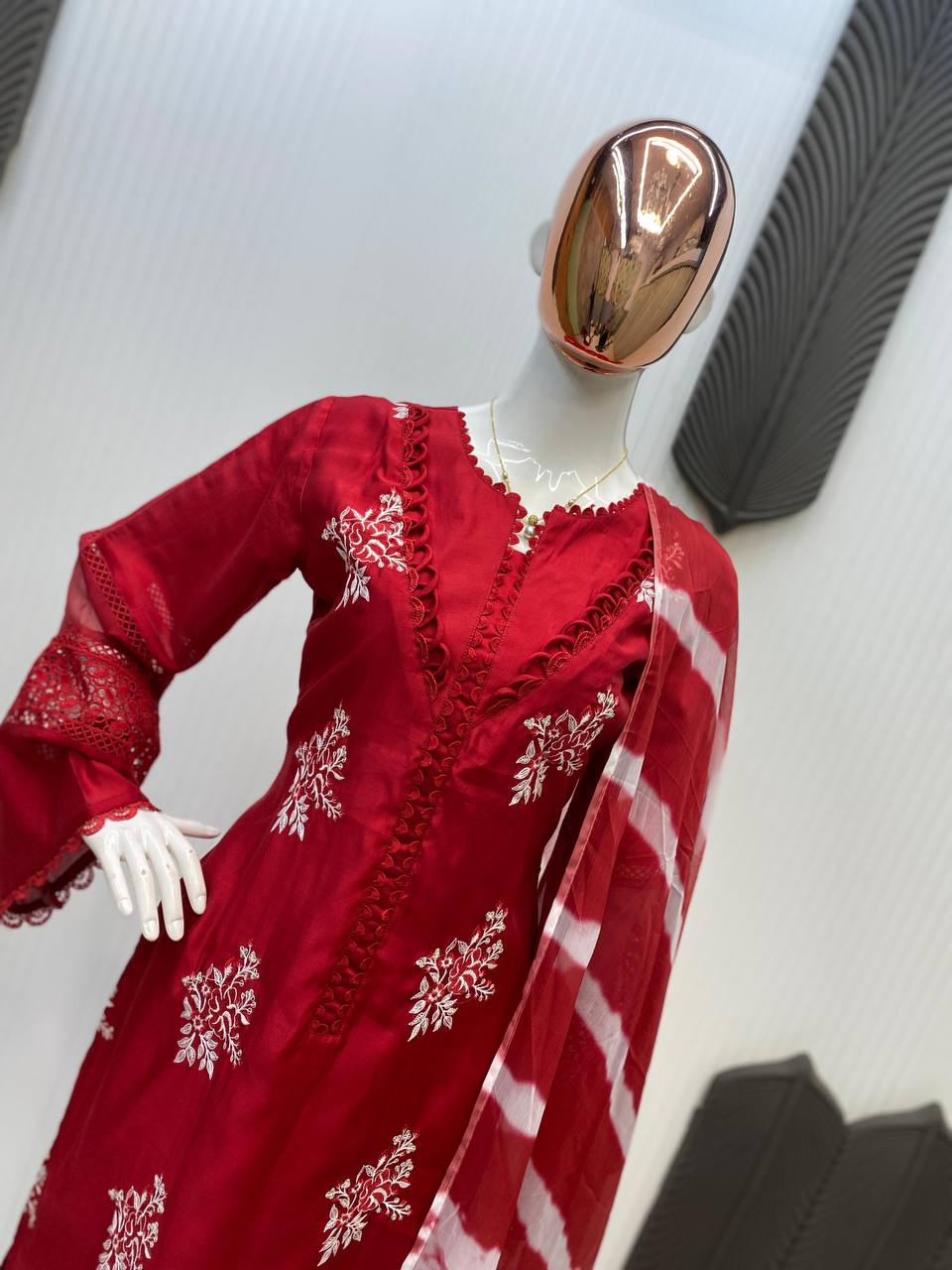 Festive Wear Red Color Roman Silk With Embroidery Work Salwar Suit