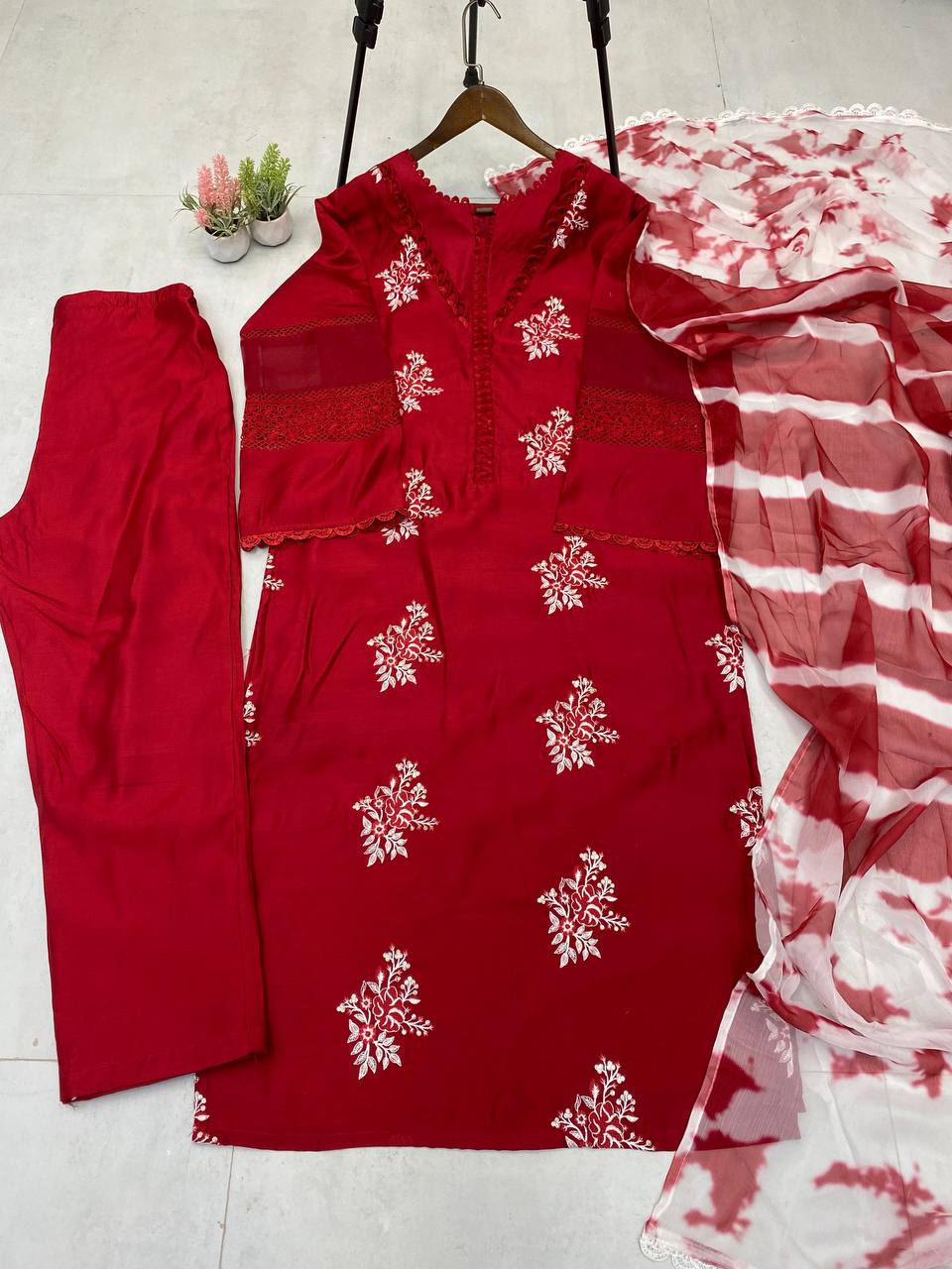 Festive Wear Red Color Roman Silk With Embroidery Work Salwar Suit