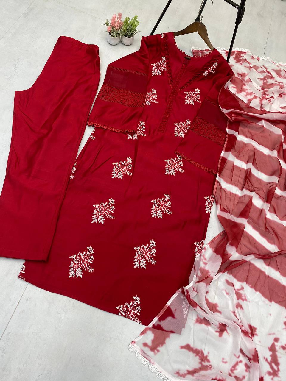Festive Wear Red Color Roman Silk With Embroidery Work Salwar Suit