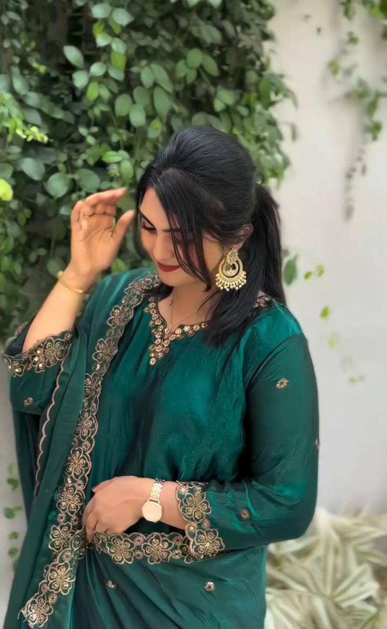 Wedding Wear Green Color Pure Jimmy Choo Silk With Heavy Embroidery Sequence Work Palazzo Suit