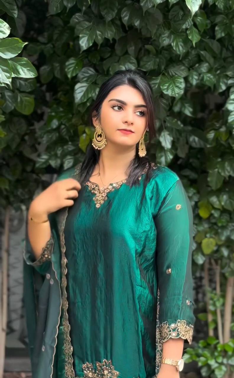 Wedding Wear Green Color Pure Jimmy Choo Silk With Heavy Embroidery Sequence Work Palazzo Suit