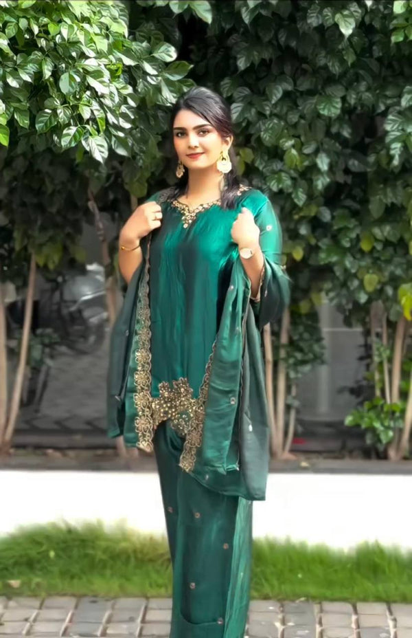 Wedding Wear Green Color Pure Jimmy Choo Silk With Heavy Embroidery Sequence Work Palazzo Suit