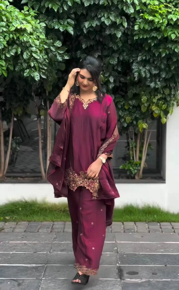 Party Wear Wine Color Pure Jimmy Choo Silk With Heavy Embroidery Sequence Work Palazzo Suit