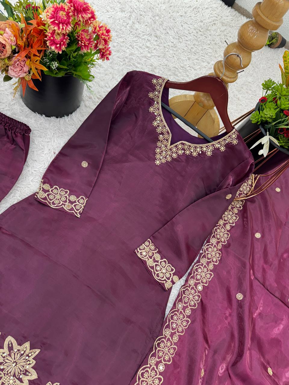 Party Wear Wine Color Pure Jimmy Choo Silk With Heavy Embroidery Sequence Work Palazzo Suit