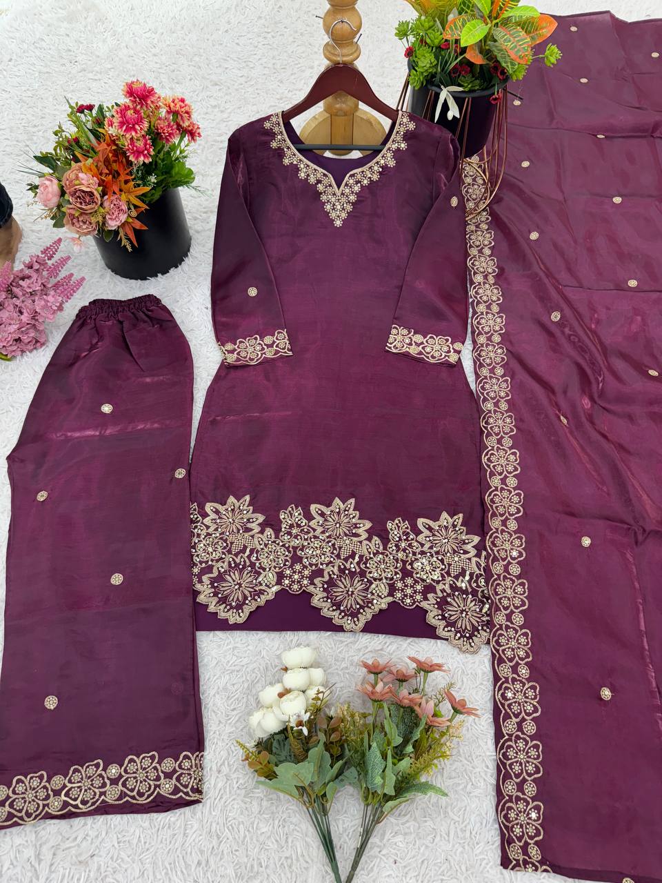 Party Wear Wine Color Pure Jimmy Choo Silk With Heavy Embroidery Sequence Work Palazzo Suit