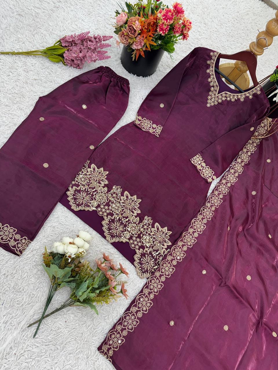 Party Wear Wine Color Pure Jimmy Choo Silk With Heavy Embroidery Sequence Work Palazzo Suit