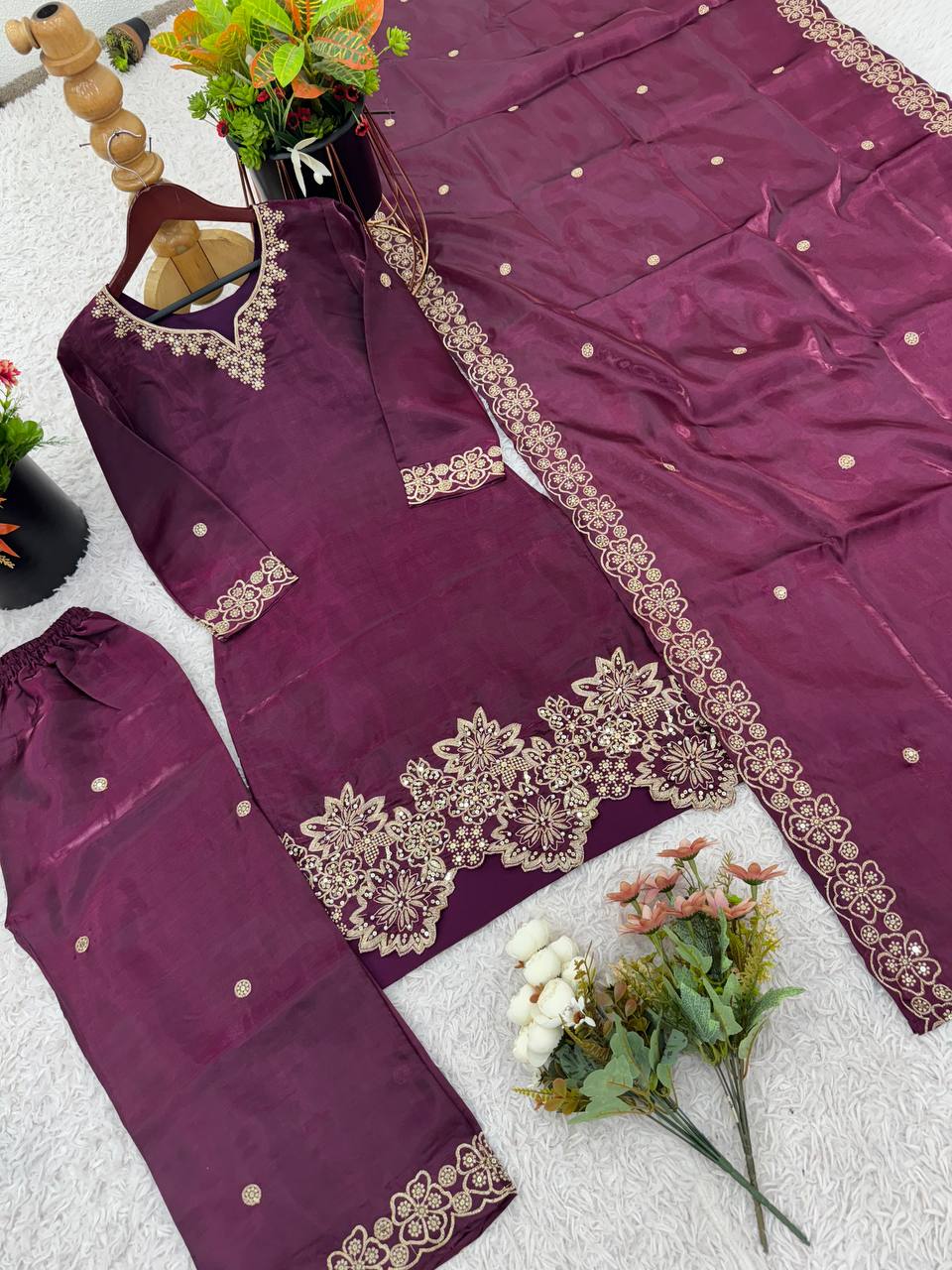 Party Wear Wine Color Pure Jimmy Choo Silk With Heavy Embroidery Sequence Work Palazzo Suit