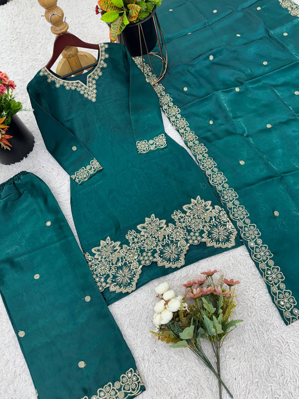 Wedding Wear Green Color Pure Jimmy Choo Silk With Heavy Embroidery Sequence Work Palazzo Suit