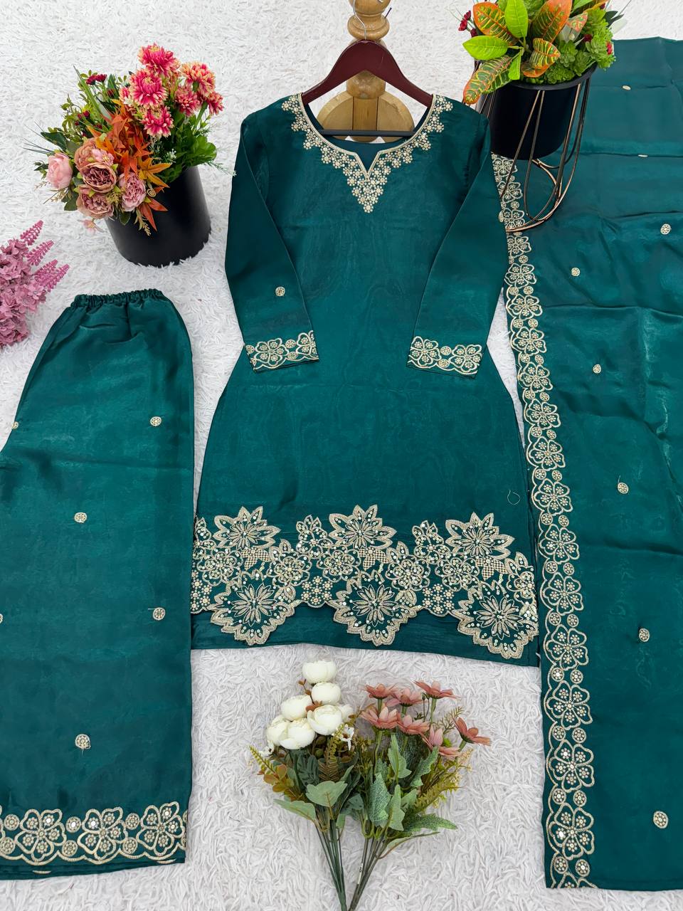 Wedding Wear Green Color Pure Jimmy Choo Silk With Heavy Embroidery Sequence Work Palazzo Suit