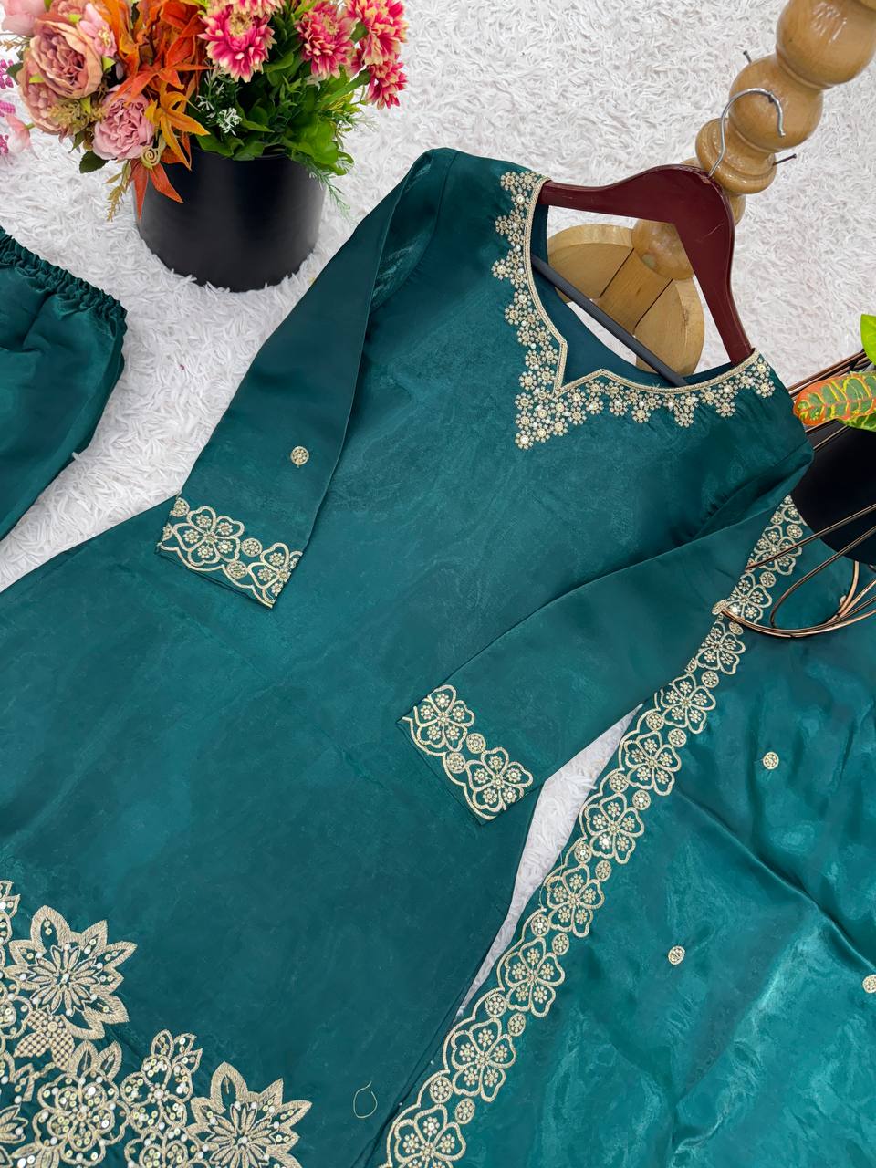 Wedding Wear Green Color Pure Jimmy Choo Silk With Heavy Embroidery Sequence Work Palazzo Suit