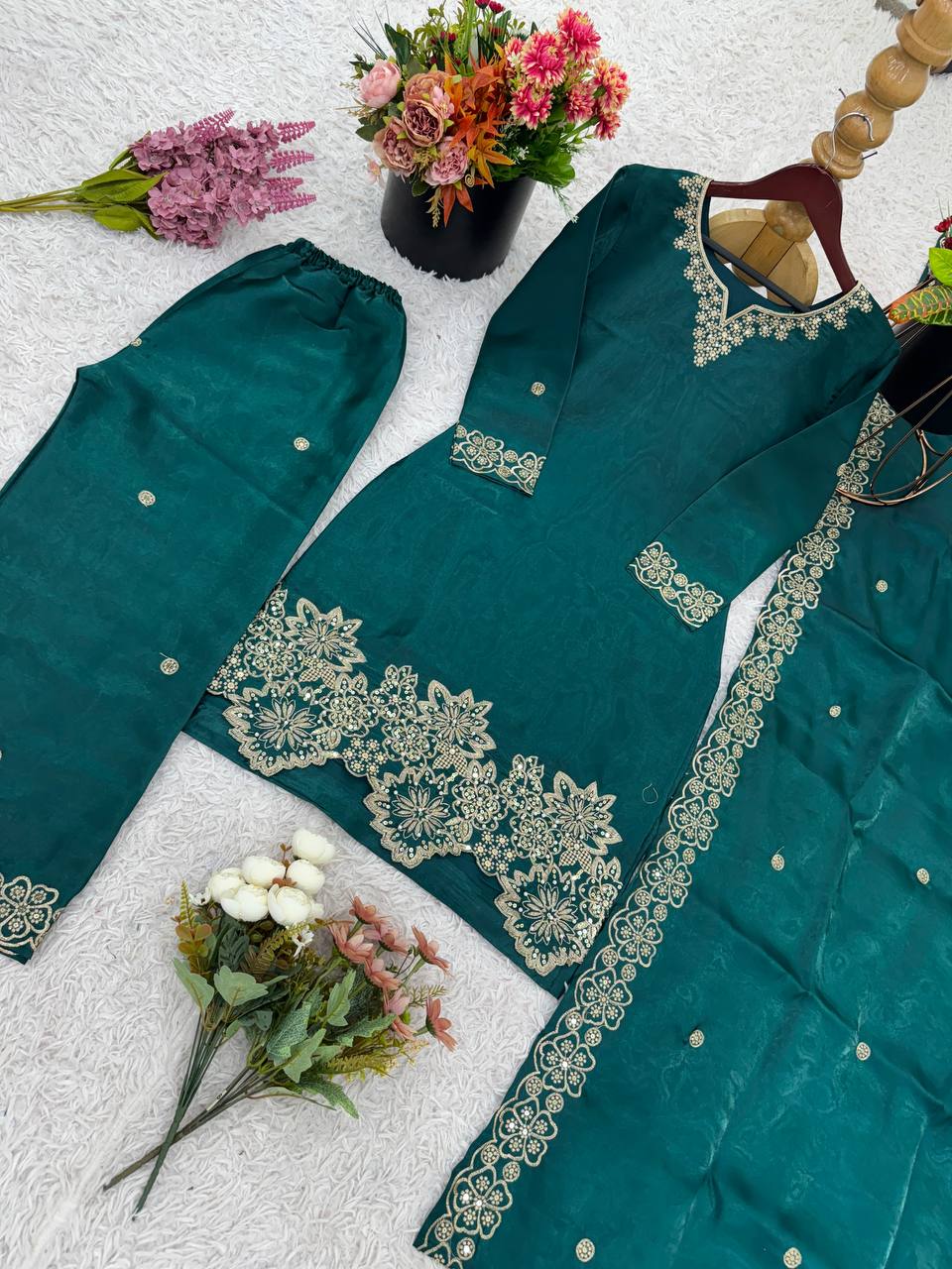 Wedding Wear Green Color Pure Jimmy Choo Silk With Heavy Embroidery Sequence Work Palazzo Suit