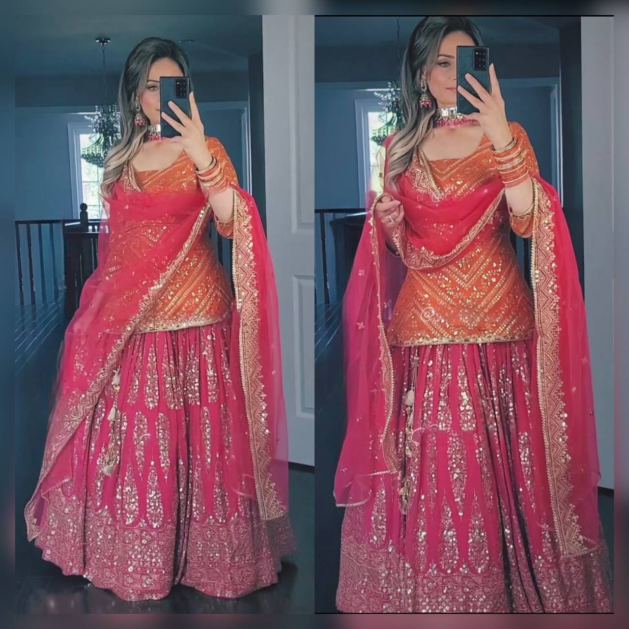 Designer Heavy Embroidered Wedding Wear Orange Top WIth Pink Lehenga Set