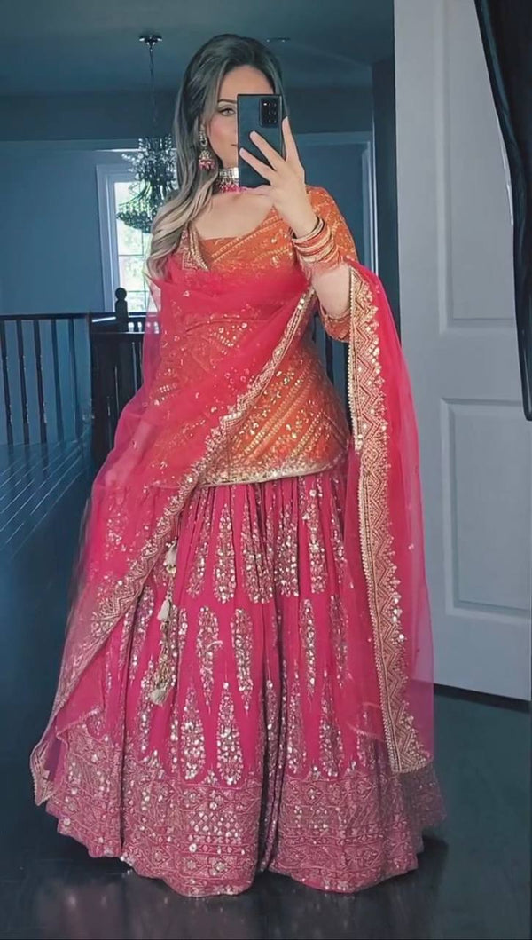 Designer Heavy Embroidered Wedding Wear Orange Top WIth Pink Lehenga Set