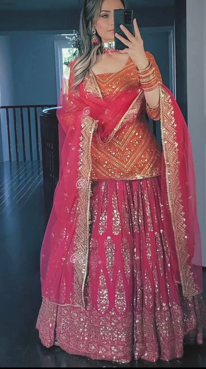 Designer Heavy Embroidered Wedding Wear Orange Top WIth Pink Lehenga Set
