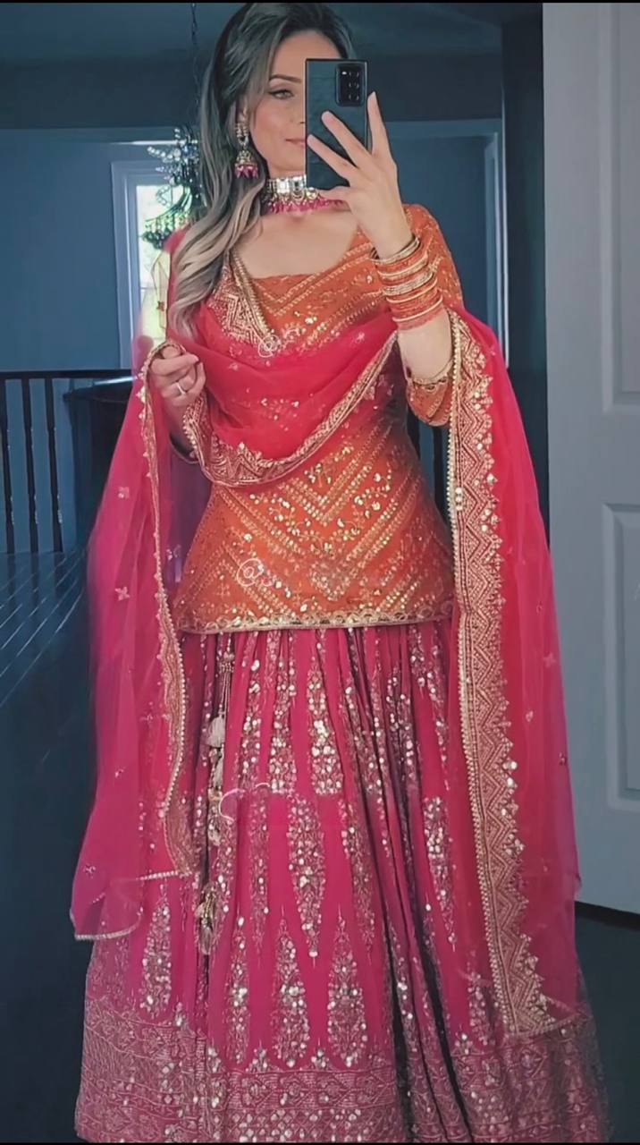 Designer Heavy Embroidered Wedding Wear Orange Top WIth Pink Lehenga Set