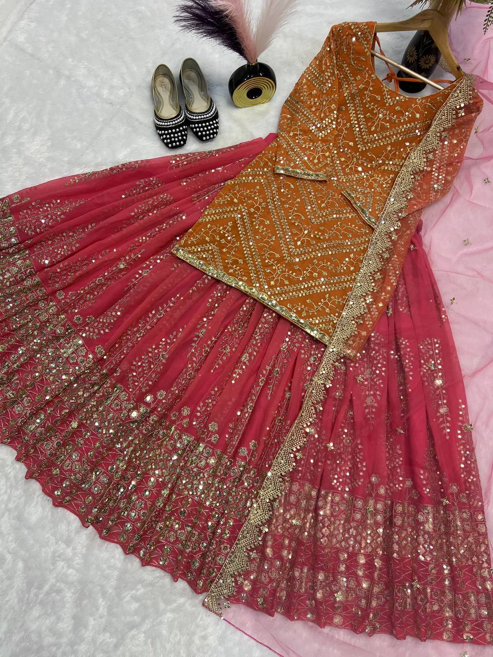 Designer Heavy Embroidered Wedding Wear Orange Top WIth Pink Lehenga Set