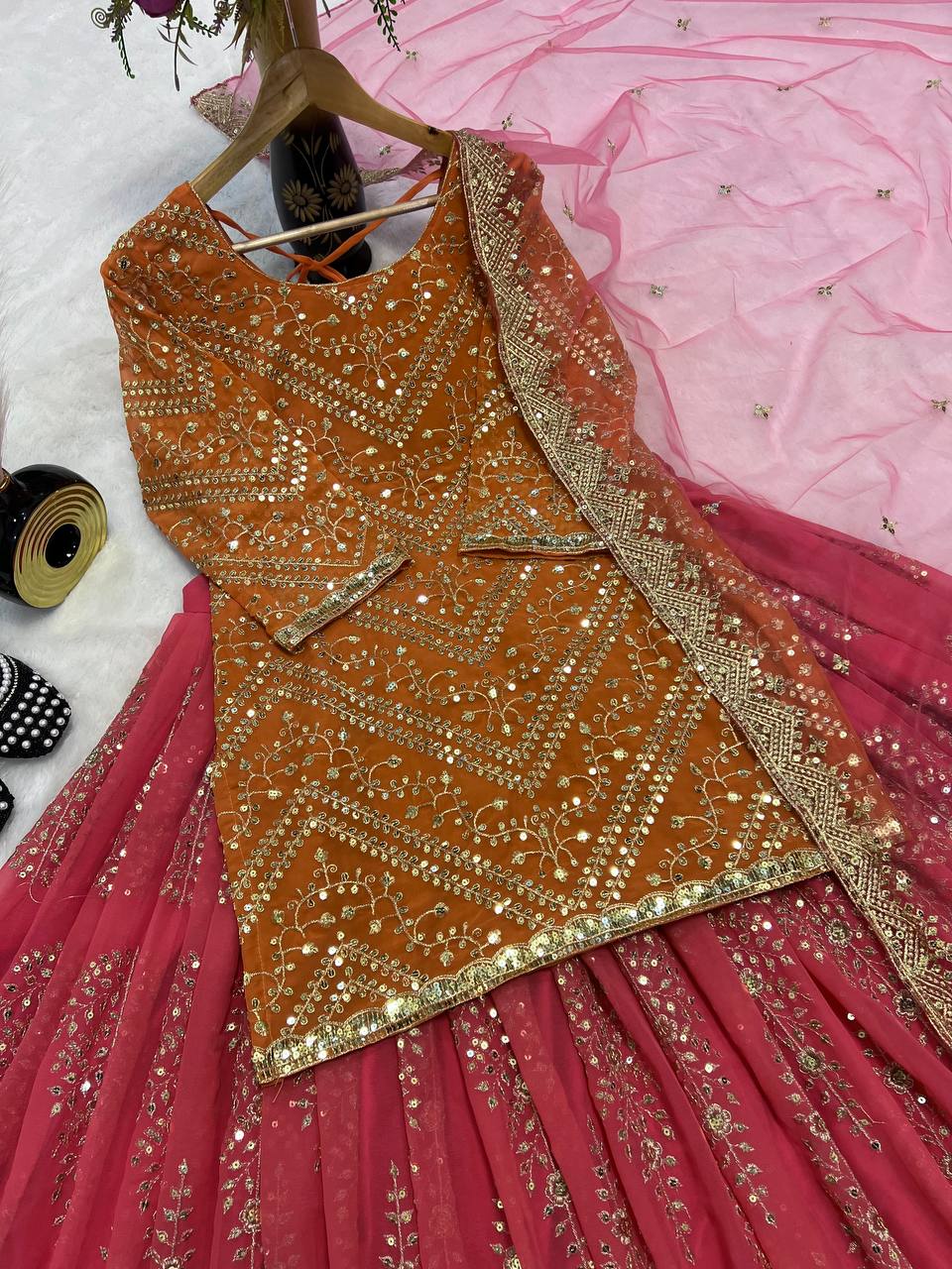 Designer Heavy Embroidered Wedding Wear Orange Top WIth Pink Lehenga Set