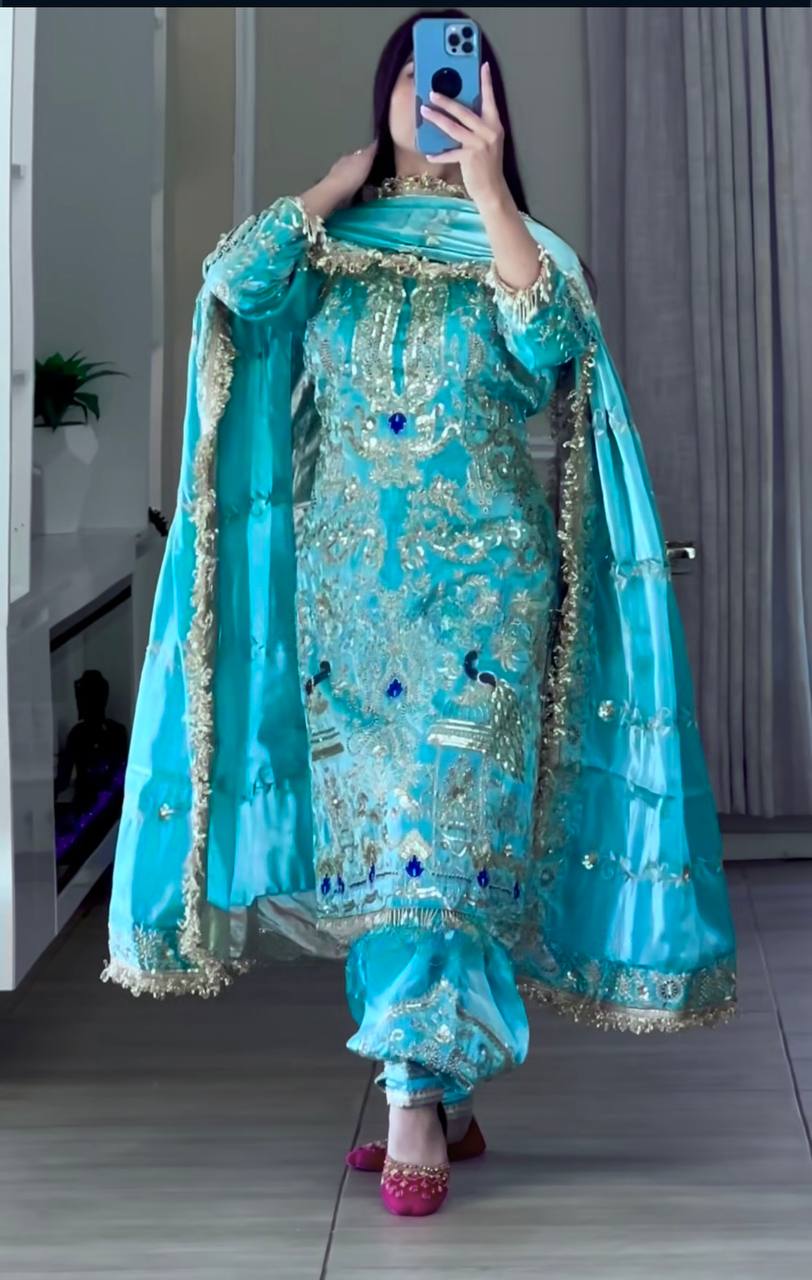 Stylish Sky Blue Color Natural Crepe With Heavy Embroidery Sequence Work Dhoti Suit