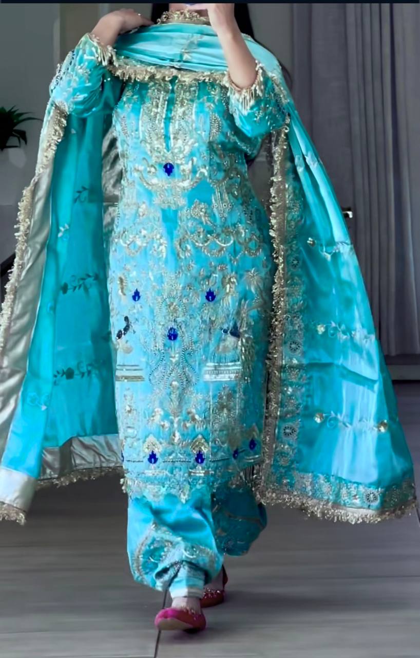 Stylish Sky Blue Color Natural Crepe With Heavy Embroidery Sequence Work Dhoti Suit