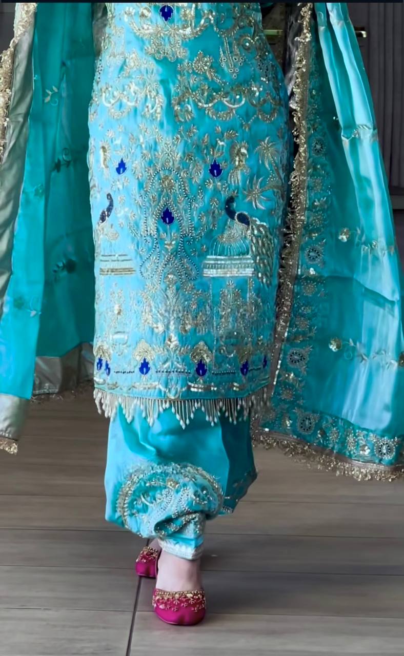 Stylish Sky Blue Color Natural Crepe With Heavy Embroidery Sequence Work Dhoti Suit