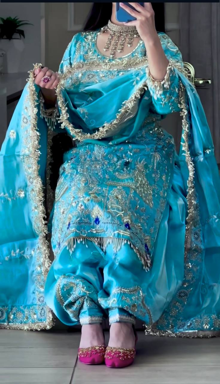 Stylish Sky Blue Color Natural Crepe With Heavy Embroidery Sequence Work Dhoti Suit