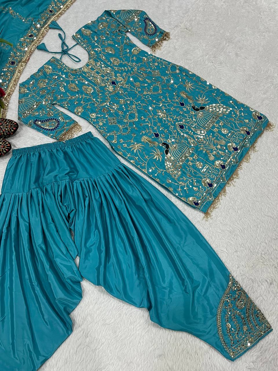 Stylish Sky Blue Color Natural Crepe With Heavy Embroidery Sequence Work Dhoti Suit