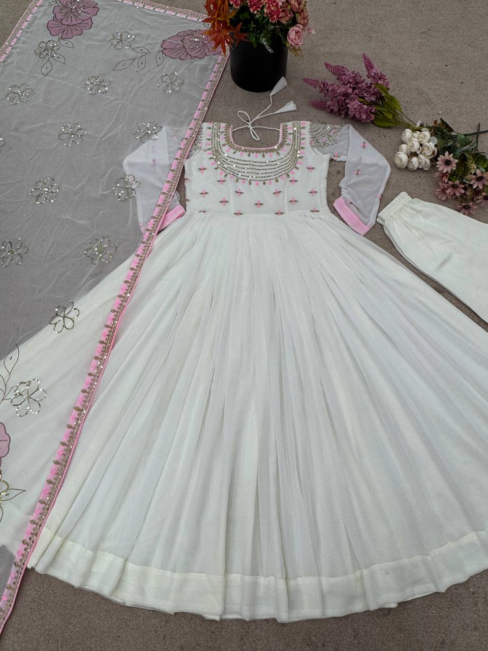 Ceremony Wear White Heavy Georgette With Full Heavy Embroidery Work Designer Gown
