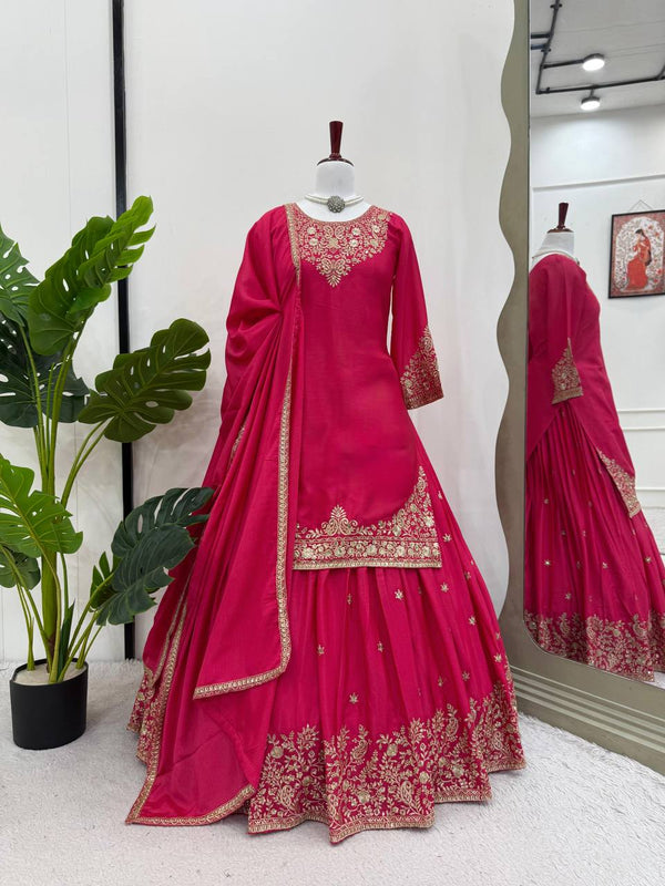 Ceremony Wear Pink Color Soft Chinon Silk Beautiful Thread Embroidery With Sequin Work Lehenga Suit